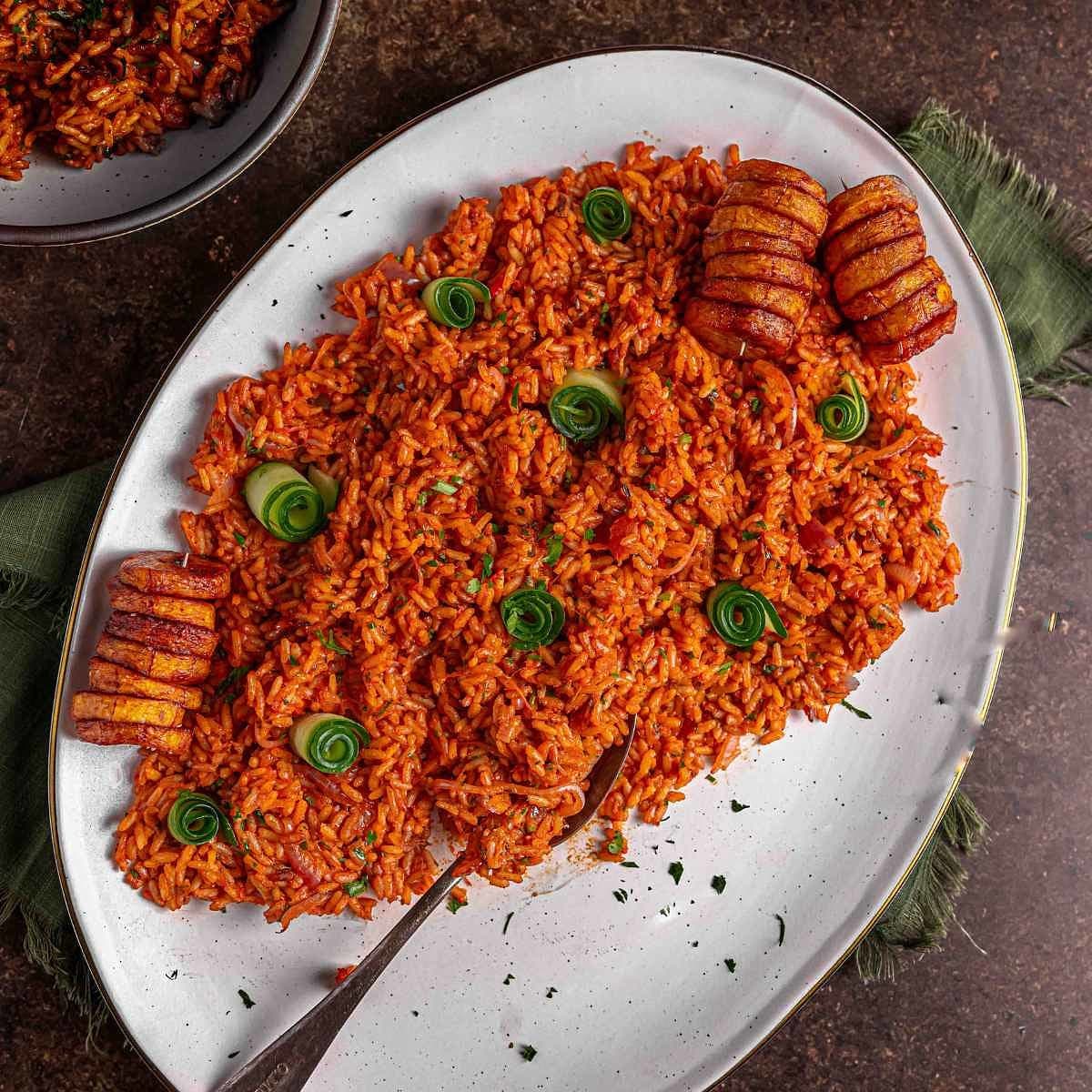 Nigerian party jollof rice with golden fried plantain